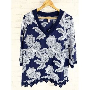 Chico's Embroidery Floral Popover Top White Navy Blue Crochet‎ Trim Size 2 Large